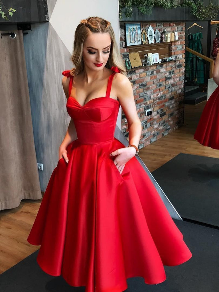 Red Sweetheart Neck Tea Length Prom ...